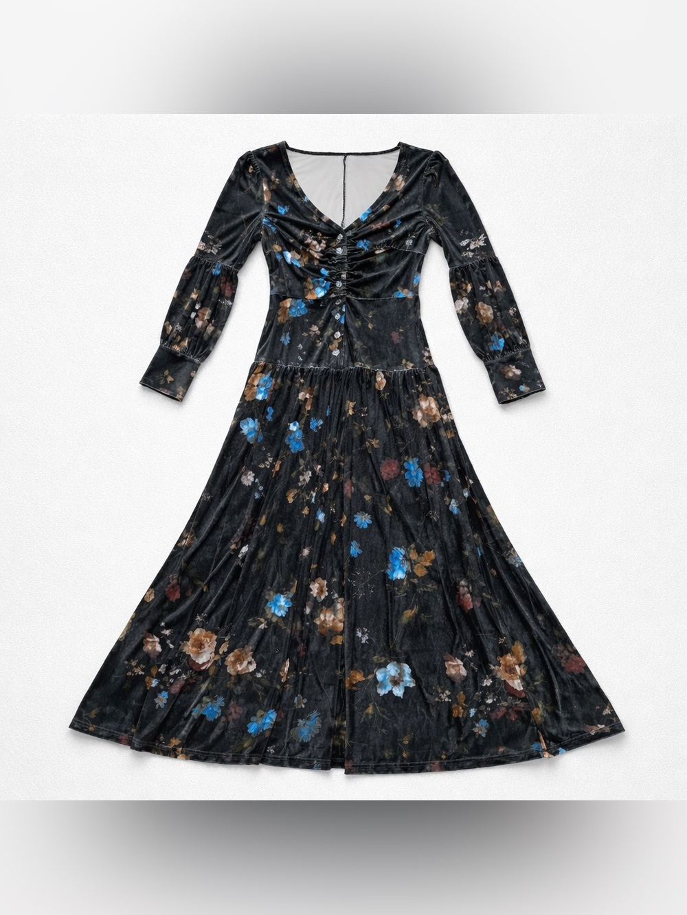 Women’s Floral Velvet Midi Dress V-Neck Long Sleeve Button Up Black Size M